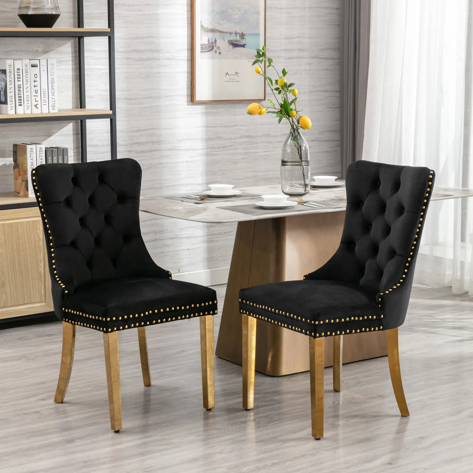 Dreamzon Furniture Nikki Collection Luxury Contemporary Interior Tufted Velvet Dining Chairs - Solid Wood Frame, Golden Stainless Steel-Plated Legs, Nailhead Trim, Set of 2, Black and Gold, SW1601BK