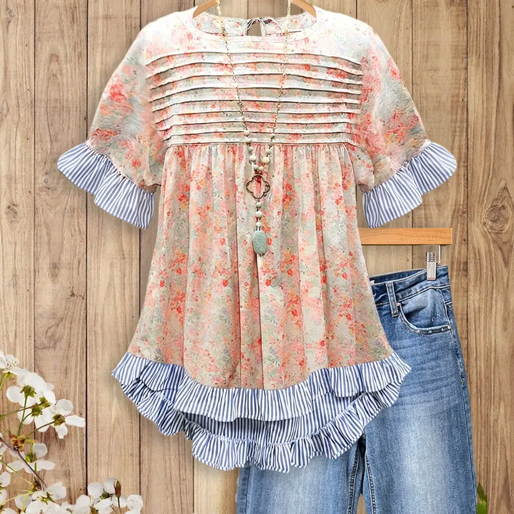 Sage Vell Summer Women Floral Print Ruffle Hem Blouse Casual Stripe Ruffle Sleeve Pleated Front Tie Back Boho Top
