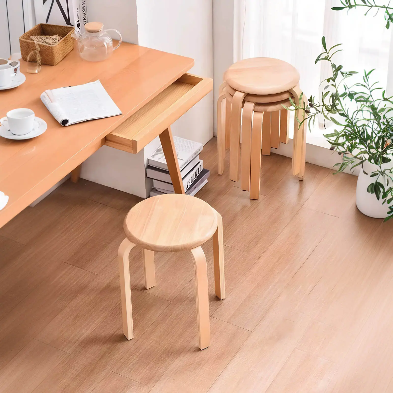 Stackable Bentwood Stool Set of 4, 18 Inch Backless Round Nesting Stools, Anti-Slip Felt Pad, Multipurpose Stacking Seats for Classroom, Dining Room, Kitchen, Home Gathering #StackableStools #BentwoodStool #NestingStools #BacklessStools #ClassroomChairs
