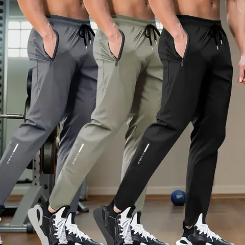 Men's 3-Piece Ice Silk Fitted Cut Jogging Pants - Breathable, High Elasticity Joggers with Zippered Pockets - Casual Sportswear for Gym, Running, Three-Piece