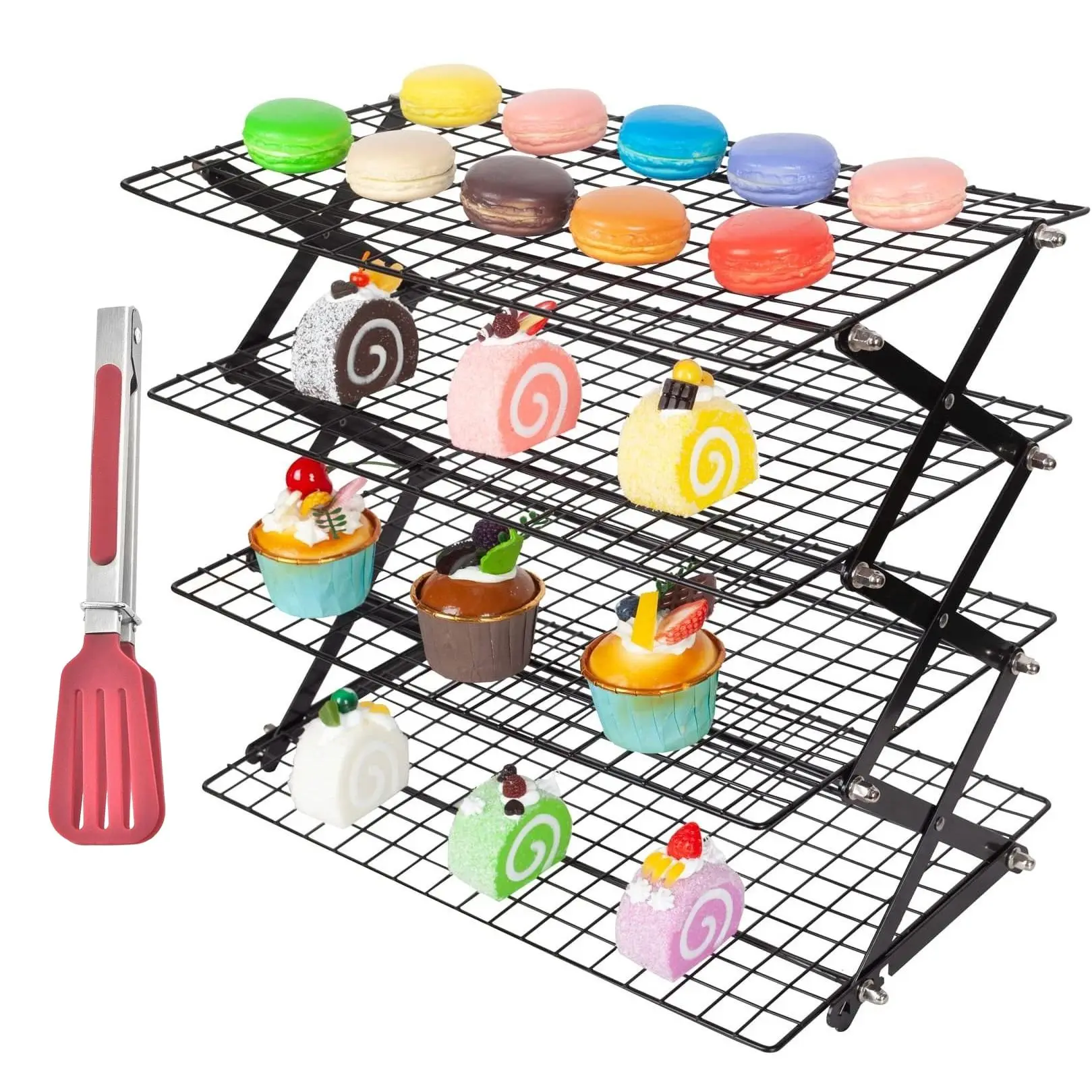 4-Tier Stainless Steel Collapsible Bakeware Cooling Rack - Non-Stick, Oven-Ready Stand Cooling Rack, Space-Saving Compact Portable Wire Shelf for Baking Cookies/Cake, Roasting, Durable Easy-to-Clean Outdoor Camping Kitchenware, Non-Stick Cooling Racks