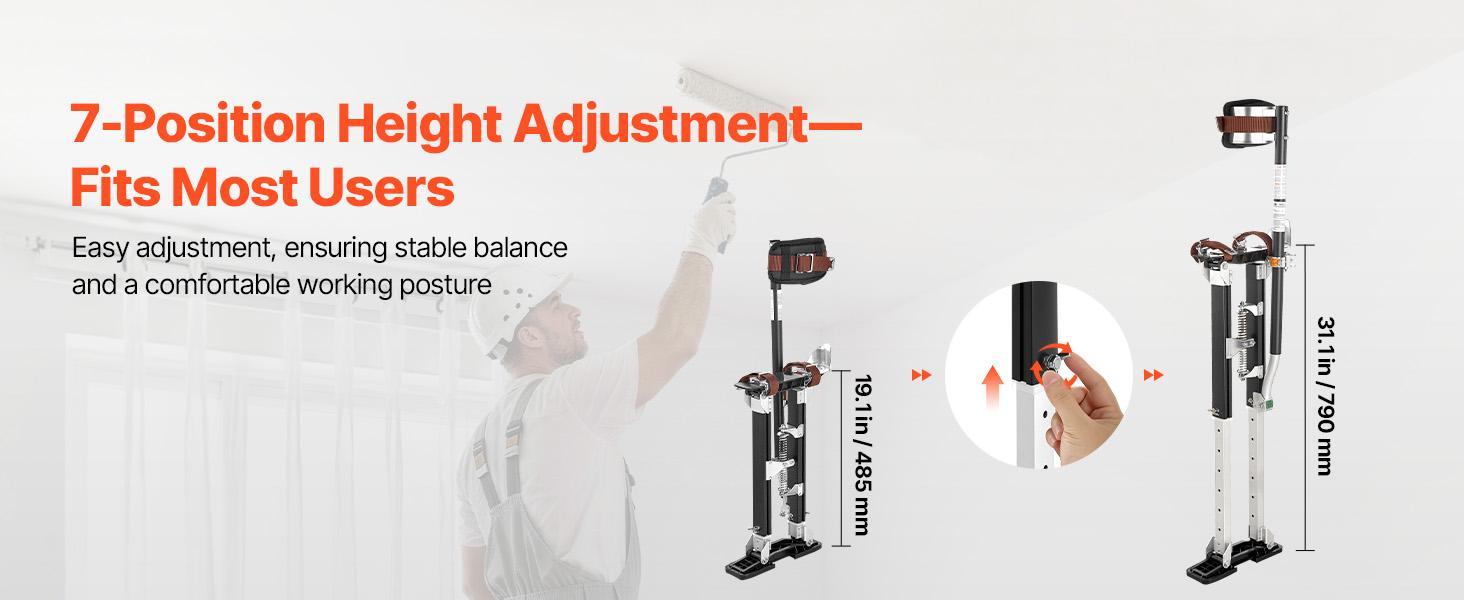 VEVOR Adjustable Height Drywall Stilts - 19.1-31.1 in Aluminum Drywall Tools, 228 lbs Load Capacity, Non-Slip Rubber Feet, Dual Spring Shock Absorb, Comfortable Leg Straps, Oxford Fabric Components, 3 Levels Heel Brackets, for Painters, Black#BackToSchool VEVOR Adjustable Height Drywall Stilts - 19.1-31.1 in Aluminum Drywall Tools, 228 lbs Load Capacity, Non-Slip Rubber Feet, Dual Spring Shock Absorb, Comfortable Leg Straps, Oxford Fabric Components, 3 Levels Heel Brackets, for Painters, Black#BackToSchool