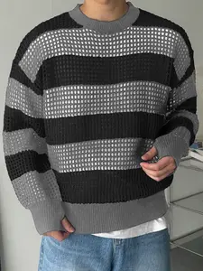 Men's Striped Knit Sweater, Knitwear, Classic Casual Round Neck Long Sleeve Pullover, Perfect for Daily Workwear, Commuting, Fall & Winter Fashion