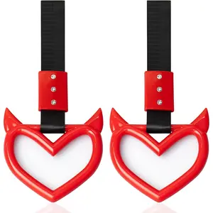 2 PCS JDM Heart Tsurikawa Ring, Drift Charm Hanging Handle Strap, Decorative Car Accessory for Bumper or Interior (Red, Devil Style)