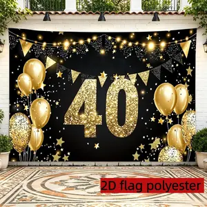 2D Flat 1PC Polyester Black Gold 40th Birthday Backdrop Glitter Starlight Decor for Indoor & Outdoor 40th Birthday Party, Anniversary Celebration, Photo Booth, Wall Decor, Home Decoration, Event Background, Available in Multiple Sizes