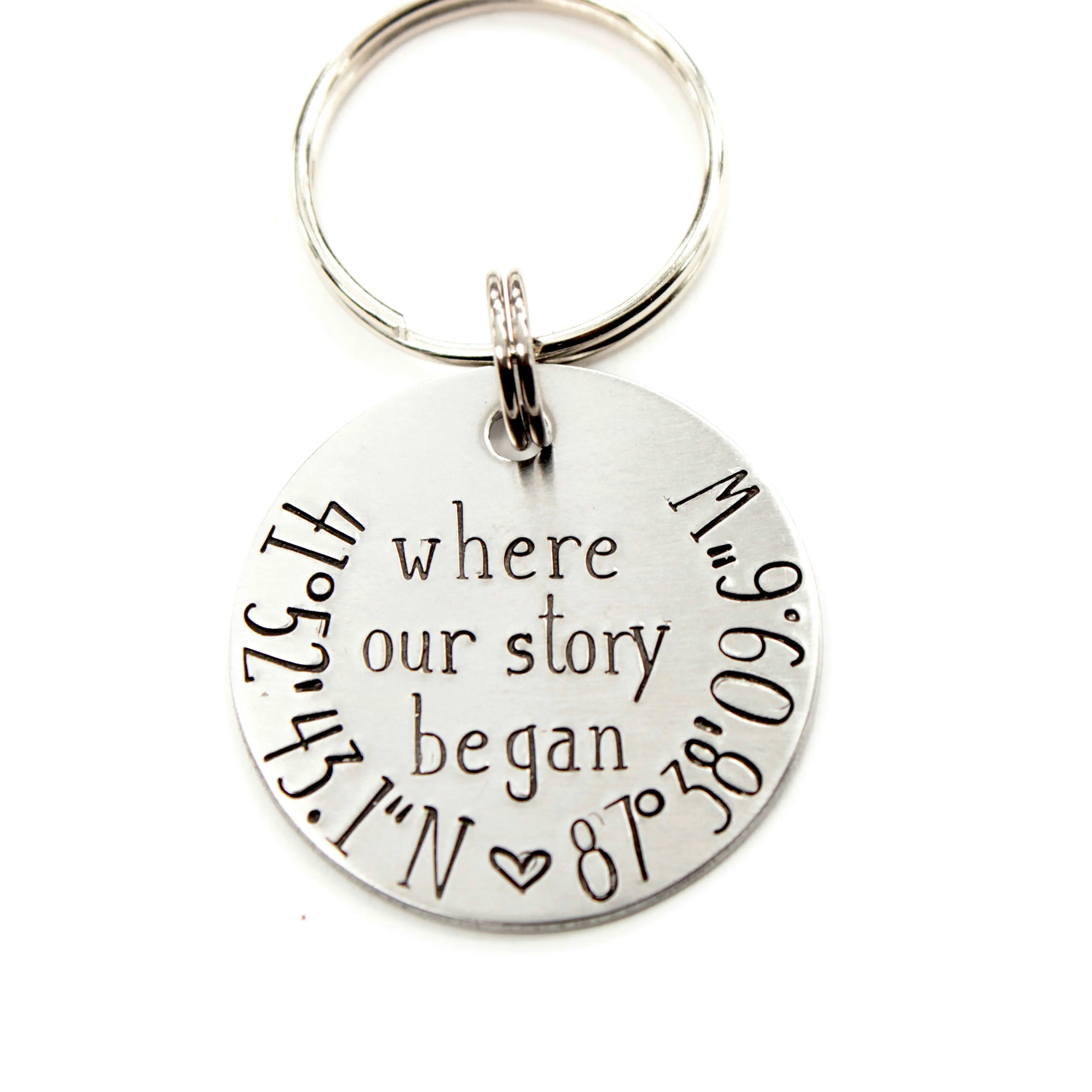 "Where our story began" Coordinate Keychain Stainless Steel GPS keychain.