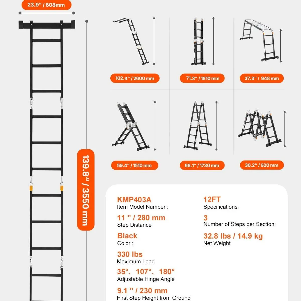 3 Step - 12 FT with Scaffold Board - Black