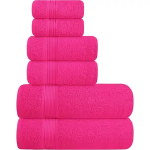 6 Pack Ultra Soft Cotton Towel Set - 2 Bath Towels 28x55 inch, 2 Hand Towels 16x24 inch, 2 Wash Cloths 12x12 inch, Compact Lightweight Ideal for Everyday Use - Hot Pink