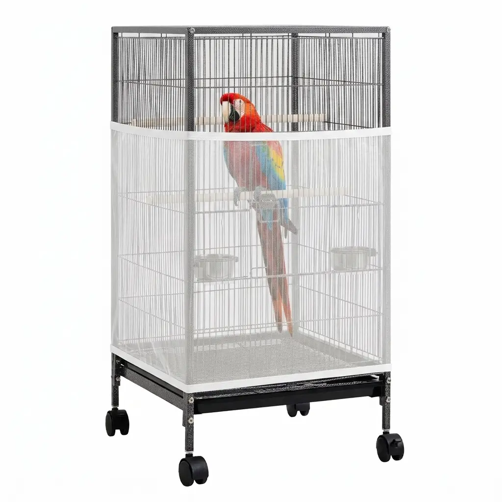 Universal Large Bird Cage Skirt Guard - Breathable Nylon Mesh Net Cover Anti-Mess Seed Catcher for Parrot Macaw Cage, Elastic Stretch Fit