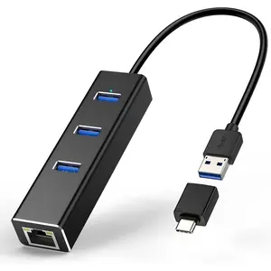 USB C to Ethernet,  3 Port USB 3.0 Hub with RJ45 10/100/1000 Gigabit Ethernet Adapter Converter LAN Wired Network Adapter for Laptop