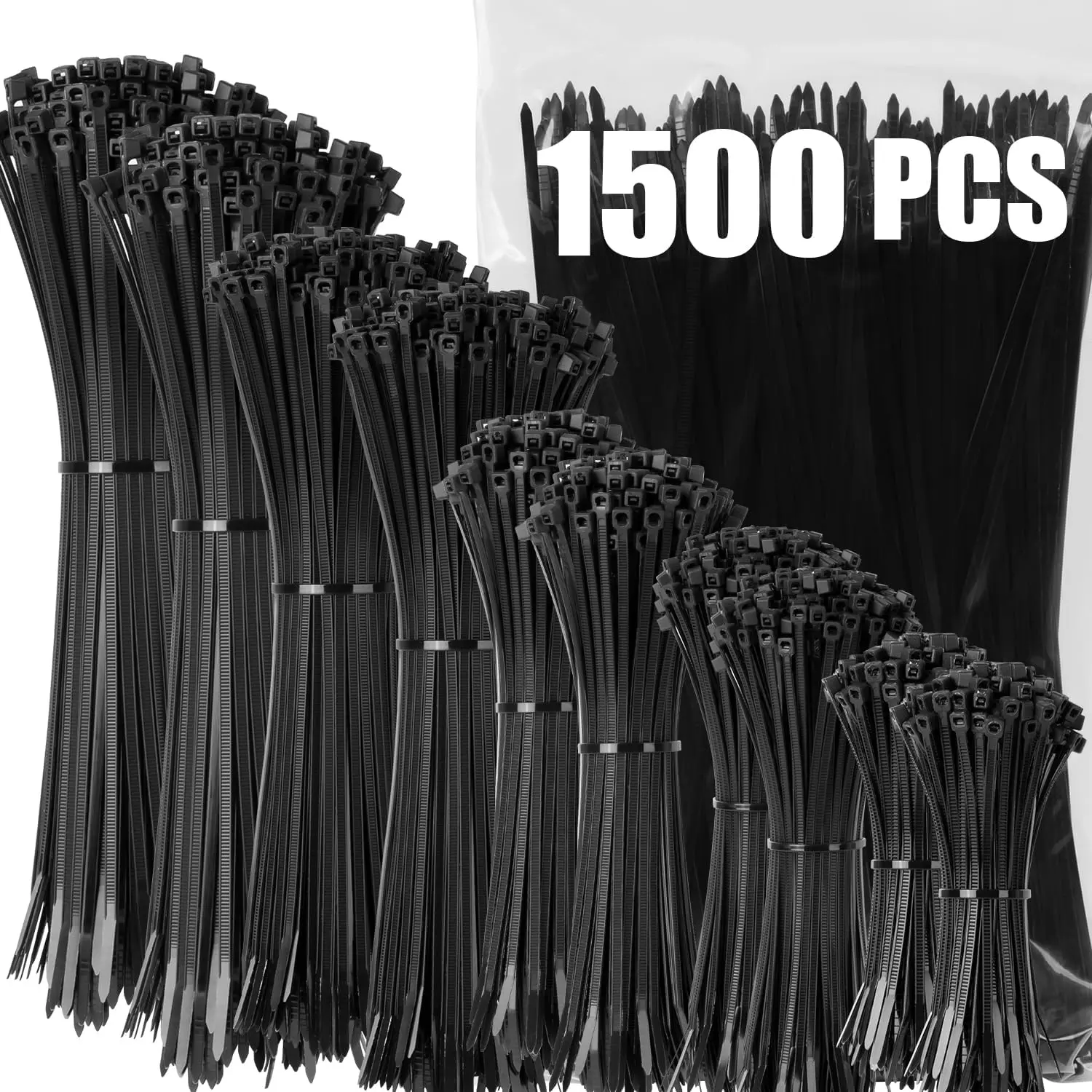 Black Zip Ties Assorted Size 1500 Pack, 4+6+8+10+12 Inch, Self-Locking UV Resistant Nylon  T iesPerfect for Home, Office, Garden and Workshop