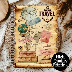 Beautiful Travel Planner Notebook, Vintage World Map Design, Passport Stamp Page, Ideal for Travellers, Backpackers, Students, Back-To-School Gift