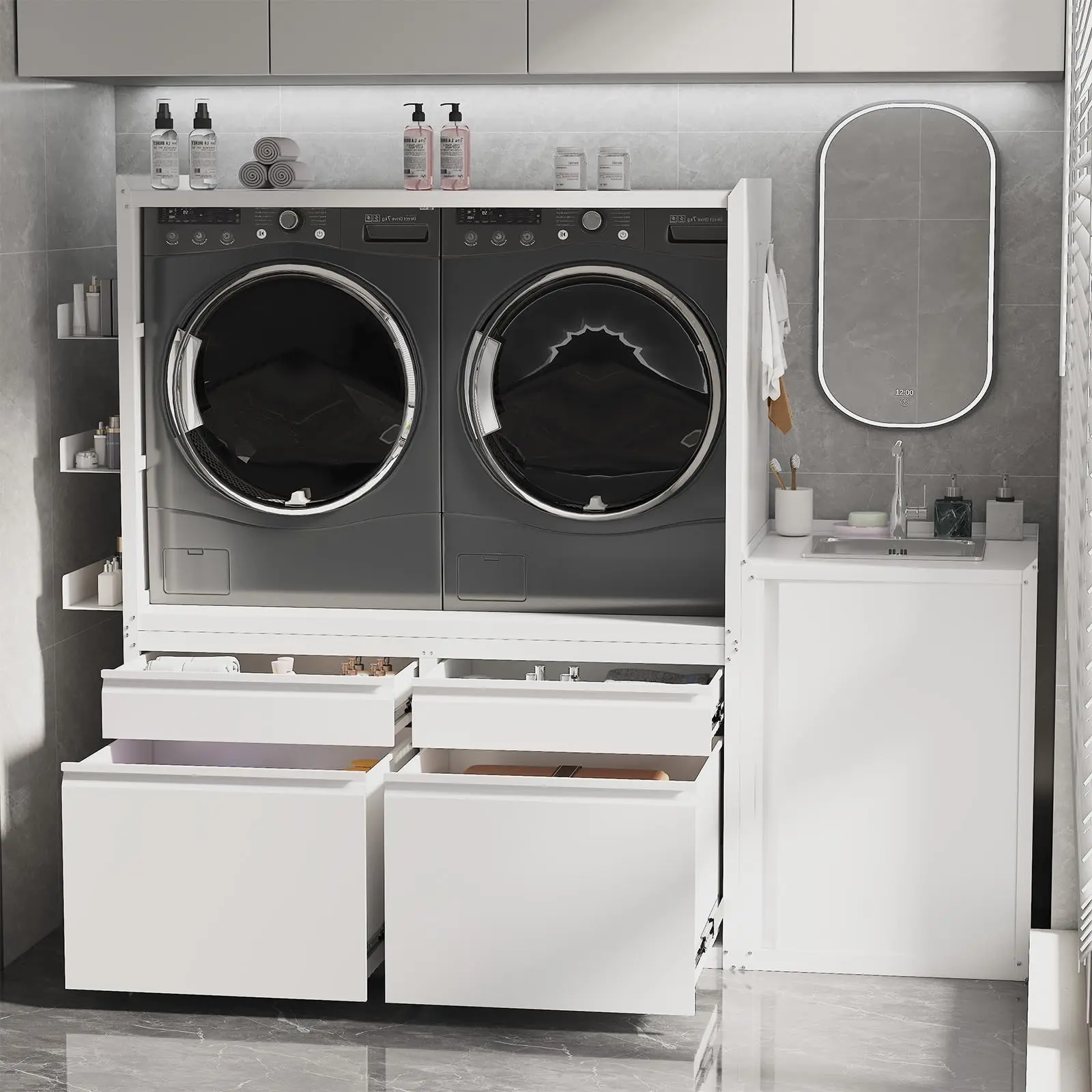 AECOJOY Heavy Duty Laundry Pedestal with Sink Cabinet & Storage, Universal Fit Anti-Vibration Washer Dryer Stand Base with Drawers & Hooks, 1300LBS Capacity Washing Machine Raiser, White