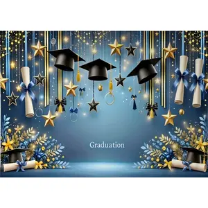 2D plane, 1-piece graduation party banner, Graduation Party Decor, Graduation Decoration, elegant gold star background, with graduation cap and diploma scroll, high-definition flat print, suitable for graduation ceremony and birthday