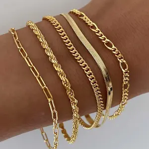 5pcs Boho Bracelet Jewelry Sets for Women Waterproof Bracelets for Women Trendy Thin Dainty Stackable Cuban Link Paperclip Chain Bracelet Pack Fashion Accessories Gifts for Womens Versatile Daily & Party Accessory