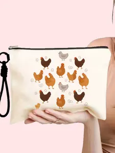 Cosmetic Travel Bag Set 2 Pieces, Canvas Makeup Bag with Detachable Wrist Strap, Farm Fun Theme Chicken & Chick Illustration Handbag