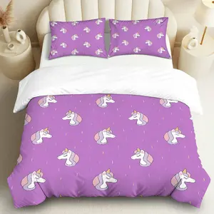 3PCS Duvet Cover Set, 1 Duvet+2 Pillowcases(Without filler), Purple Unicorn Fantasy Dream Cute Playful theme, Easter bedding set, Soft Comfortable Colorful Suitable for decoration Bedroom Dormitory Guest Room Hotel.