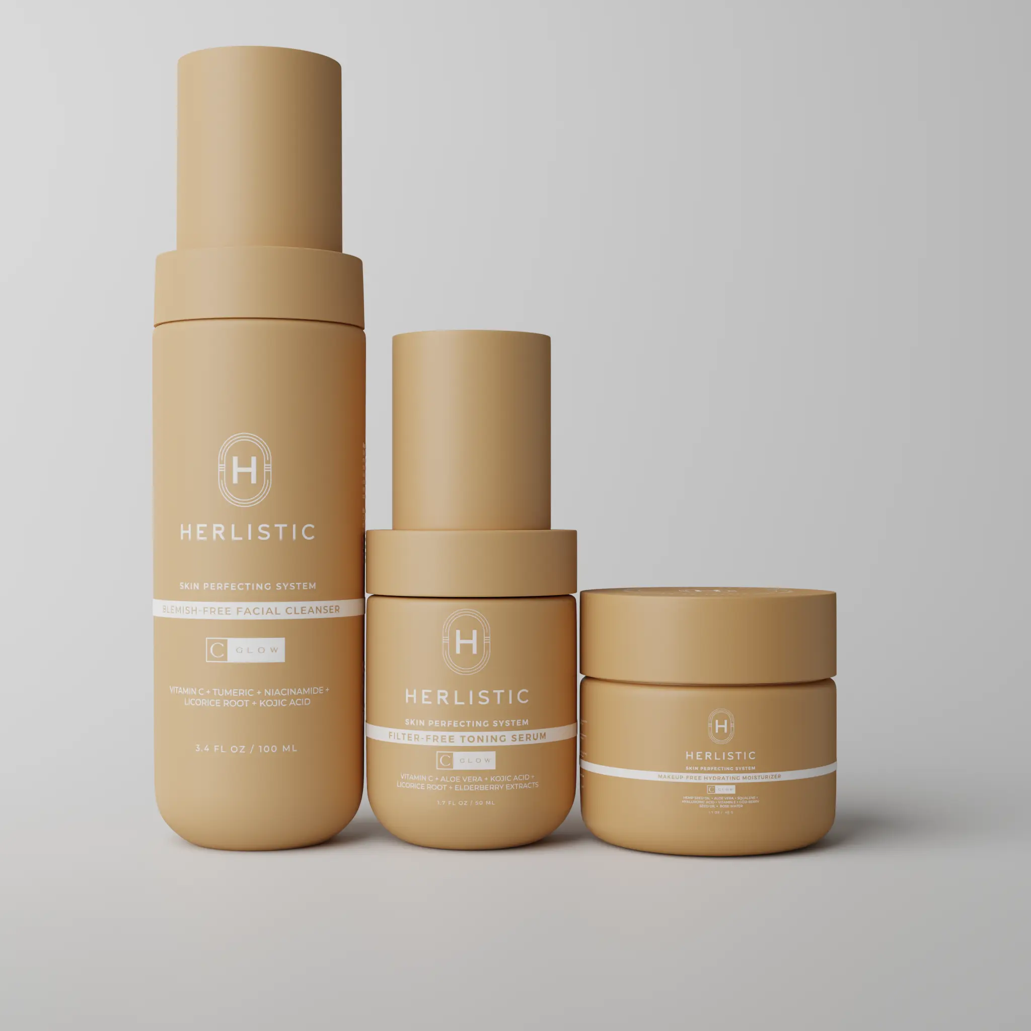 Herlistic C-Glow Skin Care System with Hyaluronic Acid for Moisture Radiance - Blemish Free Cleanser, Brightening Toning Serum, Hydrating Moisturizer