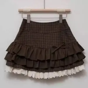 TOP Women's Brown Plaid Tiered Mini Skirt Fall New  High Waist Ruffled Lace Hem Balletcore Cake Skirt with Bow SUMMER