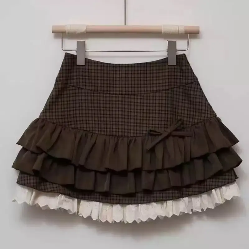 TOP Women's Brown Plaid Tiered Mini Skirt Fall New  High Waist Ruffled Lace Hem Balletcore Cake Skirt with Bow SUMMER