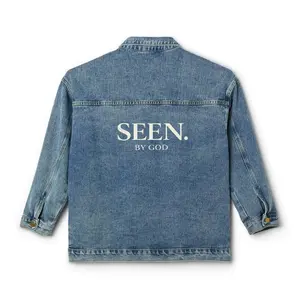 SEEN. BY GOD Women’s Oversized Denim Jacket - Cute Faith Statement Streetwear, Pairable with Leggings, Tops, Tee, Slacks