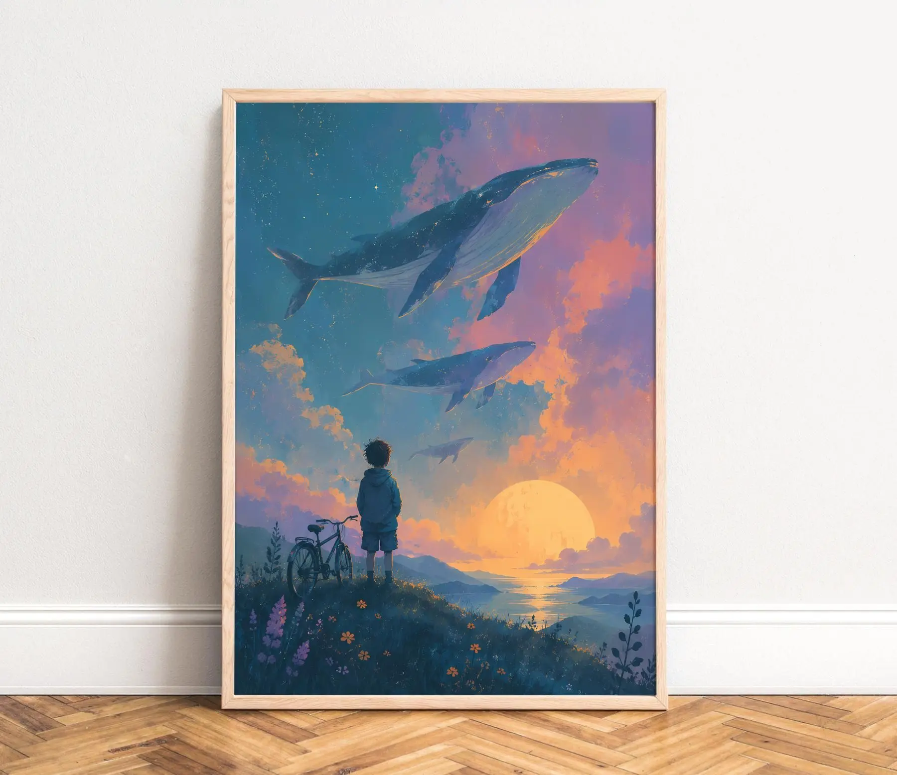 [SALE UP TO 40%] [Unframed] Whale Poster, Fantasy Landscape Wall Art, Blue Orange, Living Room Nursery,