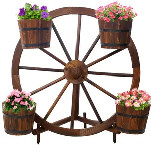 DONEXT Wood Wagon Wheel Barrel Planter Classic Farmhouse Design Durable Multi Functional Rustic Charm Meets Functionality