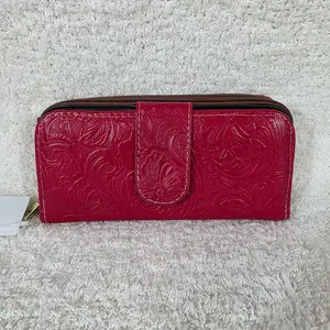 Red Floral Embossed Leather Tab Closure Wallet