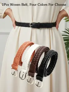 Breathable Comfortable Braided Belt, Adjustable Buckle, Silver Color Metal, Casual Style, All Seasons, Fits Men Women, Jeans, Dresses