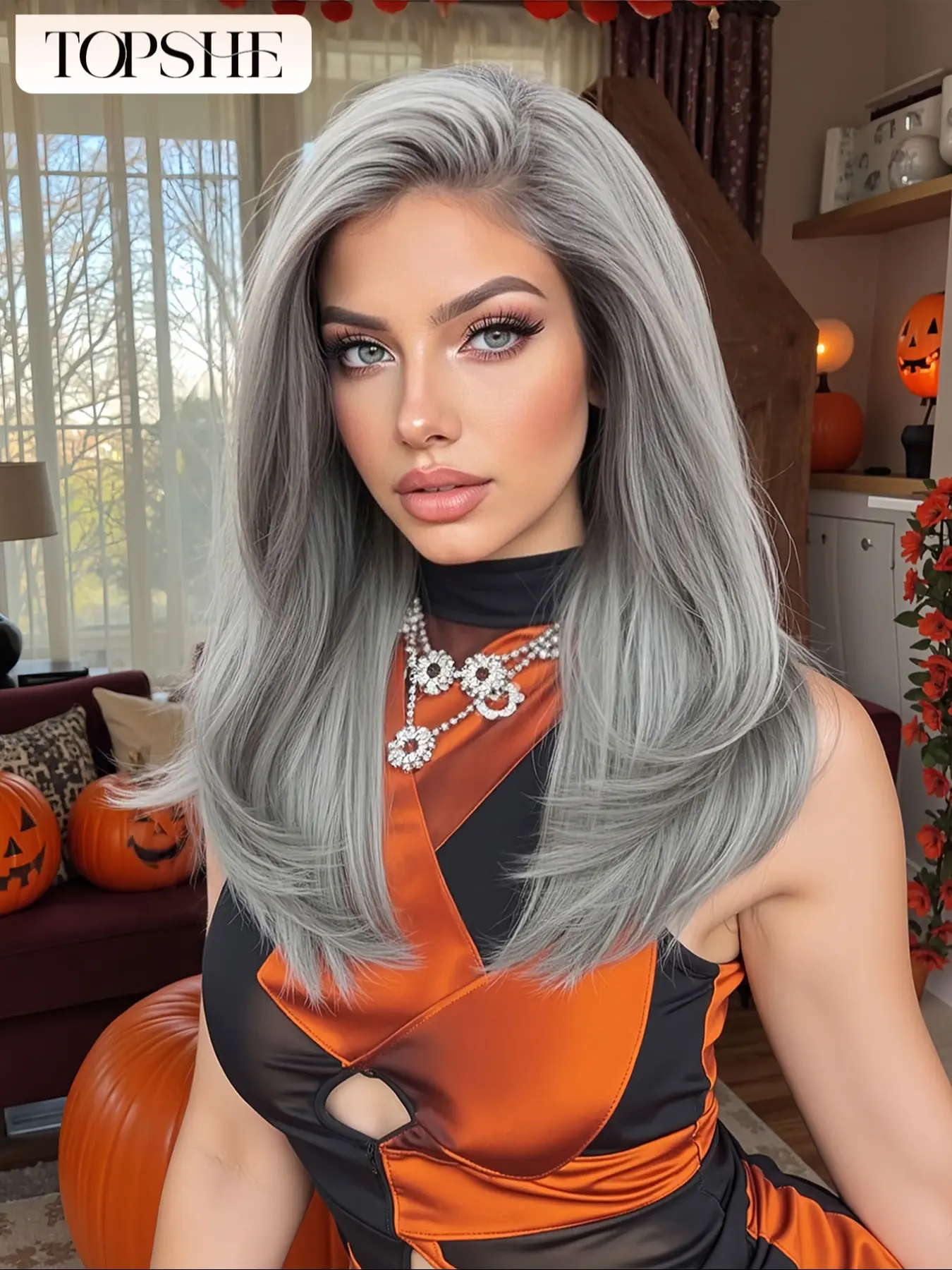 Topshe Lace Front Glueless Synthetic Wig, Silver Color Medium Length Hair, Heat Resistant Fiber, Perfect for Cosplay & Daily Wear, Layered Wigs