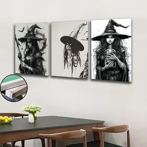 Dark Gothic Witch Trio Wall Art, Framed Spray Painting, Living Room Bedroom Background Decor, Fantasy Style Wallpaper