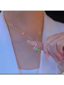 Exquisite Non-Jade Lotus-Shaped Pendant, Stainless Steel Necklace for Women's Daily Wear, All Seasons Wear, Elegant Jewelry Accessory