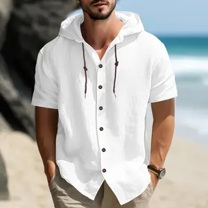 Men's Henley Half-Zip Hooded Short-Sleeve Shirt - Breathable Loose Plain Menswear Top, Summer Casual, Vacation Wear