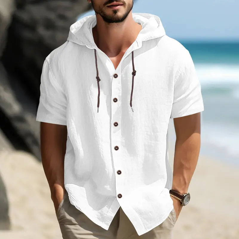 Men's Short-Sleeve Half-Zip Hooded Henley Pullover - Breathable Loose Plain Casual Hoodies & Sweatshirts, qcaa-402 White, Summer Vacation Top