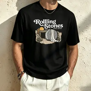 Vintage Rolling Stones novelty print T-shirt featuring creative religious-themed designs; minimalist yet premium look; pure cotton loose fit; breathable and skin-friendly; men’s short sleeves in a street-style trend; versatile everyday casual top.