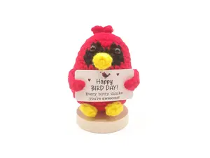 Inspirational Red Bird Crochet Doll for Women, Men - Birthday Gift with Positive Message & Free Gift Box & Wood Stand - Home or Office Room Decor