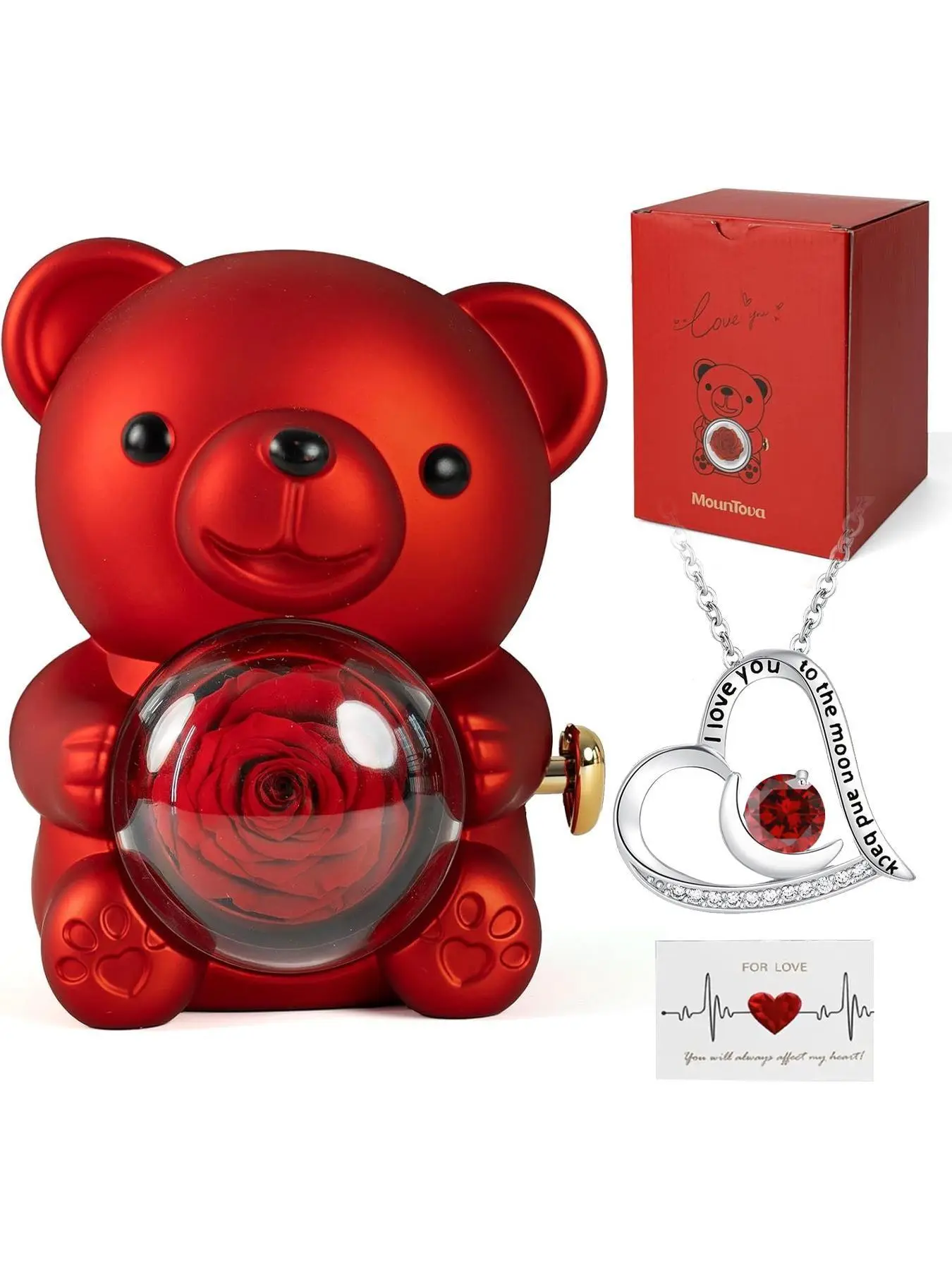 Romantic teddy bear with preserved roses and a he art-shaped moon necklace,real roses in an elegant gift box,perfect for women, a bear and rose gift suitable for Valentine's Day, weddings, Mother's Day, anniversaries, birthdays, and Christmas