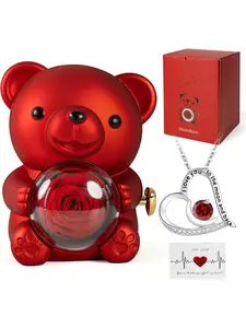 Romantic teddy bear with preserved roses and a he art-shaped moon necklace,real roses in an elegant gift box,perfect for women, a bear and rose gift suitable for Valentine's Day, weddings, Mother's Day, anniversaries, birthdays, and Christmas