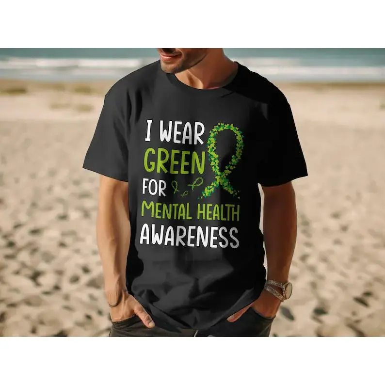 Mental Health Awareness T-shirt, Unisex Short Sleeve Cotton Top with Green Ribbon Graphic, Self Care Gift for Depression Support, Shortsleeve, Clothes, Breathable, Casual, Tee, Fashion, Round Neck, Soft, Gym, Athletic