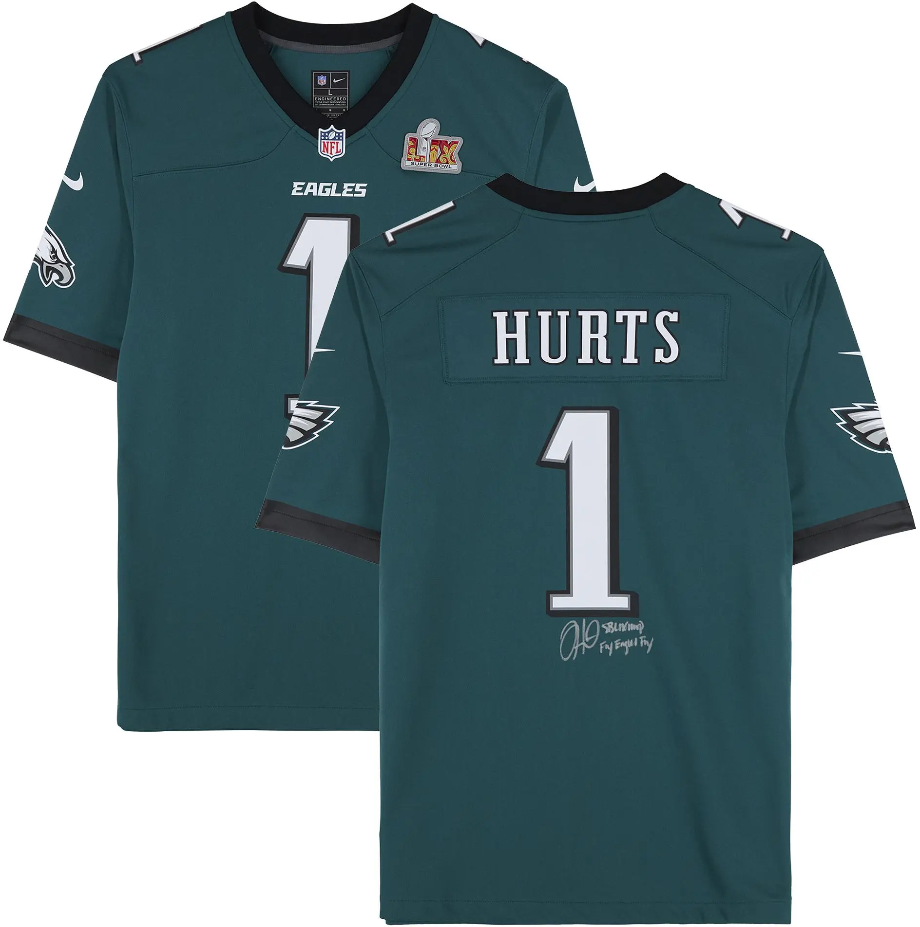 Jalen Hurts Philadelphia Eagles Autographed Nike Green SB LIX Patch Game Jersey with Multiple Inscriptions - Fanatics Authentic Certified