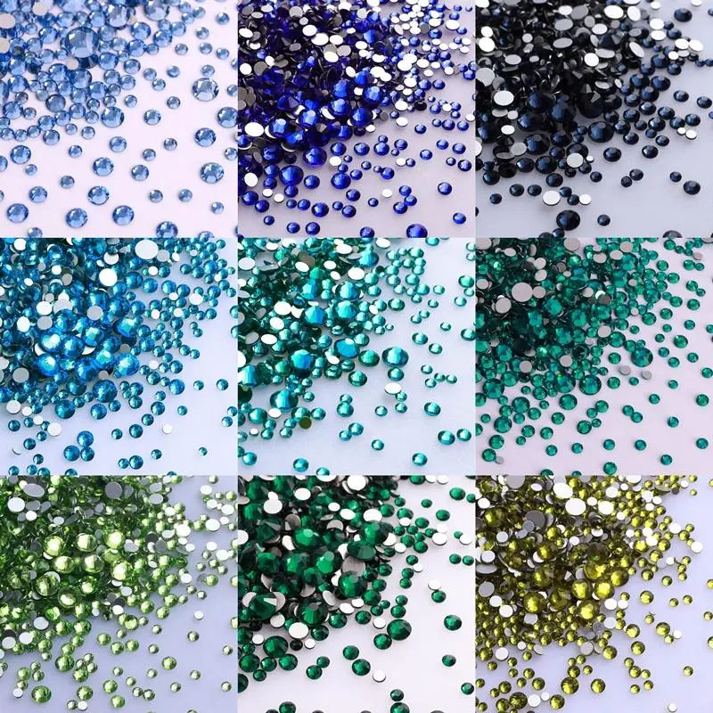 1440Pcs/Pack Mix Size Glass Flat Back Rhinestone Glitter Round Blue Diamond Non fix Glue on Rhinestones for DIY Nail Art