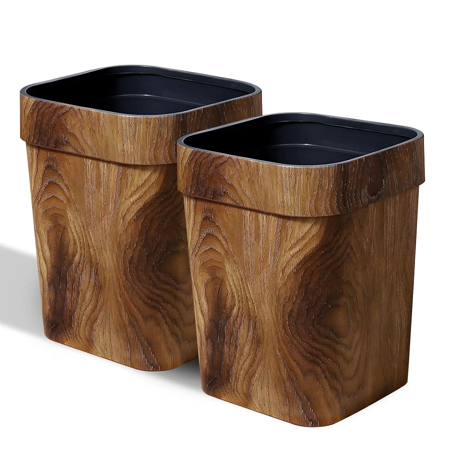 2-Pack Wood Grain Plastic Household Trash Cans, 16L Farmhouse Style, Open-Top Design, Ideal for Bedroom, Office, Living Room, Hotel, Bathroom