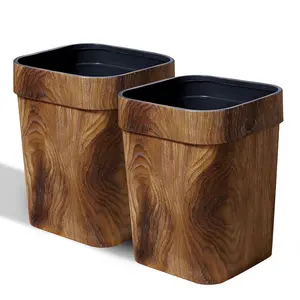 2-Pack Wood Grain Plastic Trash Cans, 16L Farmhouse Style, Open-Top Design, Ideal for Bedroom, Office, Living Room, Hotel, Bathroom