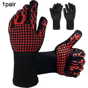 1 PAIR BBQ Gloves,Heat Resistant Fireproof Mitts, Silicone Non-Slip Washable Oven Microwave Oven Insulated Oven Kitchen Five Finger Gloves for Barbecue,Camping,Smoker,Grilling,Cooking, Baking