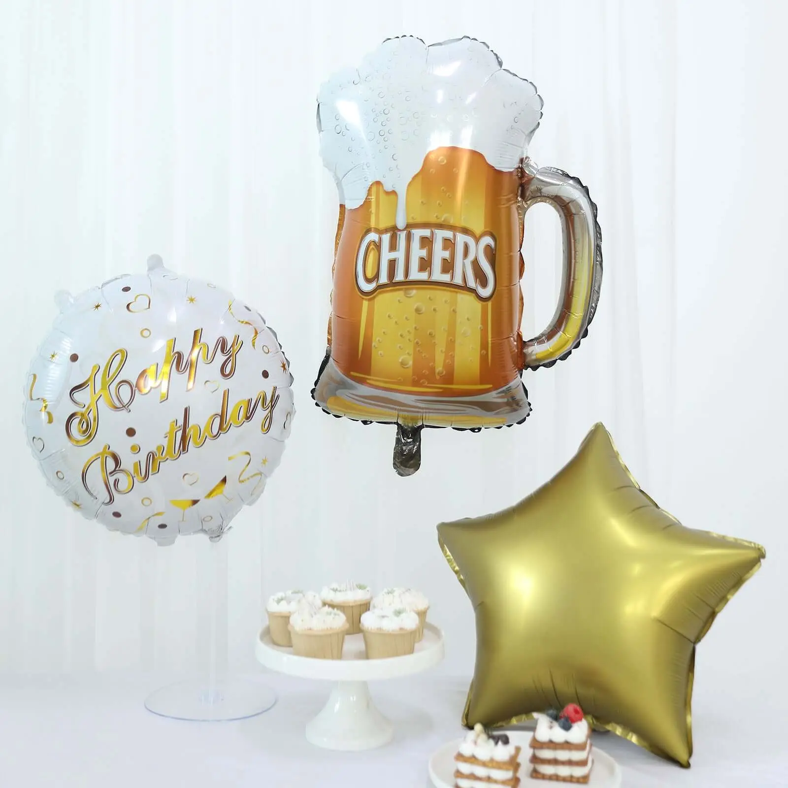 5-Piece White Gold Round Happy Birthday Mylar Foil Helium Decor Set with Cheers Beer Mug, Star Bouquet, Ribbon, Bouquet Wrap Balloons, Party Balloons Decorations
