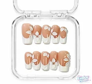 GakuNails VANILLA CREAM 10 PCS Medium Square Handmade Press On French Tip 3D Flowers  Builder Gel selectable size Reusable Nails