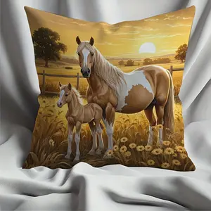1pc, Horse and Pony Print Pillow Cover, Polyester, Machine Washable, Single-Sided 2D Printing, No Insert Included, 18x18 Inches, Perfect for Christmas, Easter, St. Patrick's Day, Ramadan, Valentine's Day, New Year, Birthday Parties, Home, Office, Sofa, Be