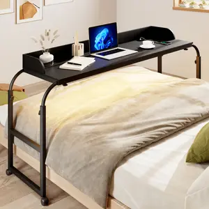 FREDEES Over Bed Desk with Wheels Adjustable Height, King Size Overbed Table with LDE Lights and Human Sensor, Overbed Laptop Desk with Charging Station