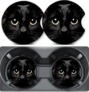 2 Pack Car Coasters for Cup Holders,Black Cat Car Cup Holder Coasters,2.75" Universal Size Anti Slip Rubber Mat,Car Cup Holder Decal Decor Accessories,Cat Gifts for cat Lovers Women Men Mom