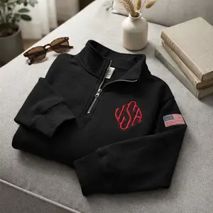 Initials Monogram Embroidered Quarter Zip Sweater, USA Sleeve Unisex Navy Freedom Cotton Pullover